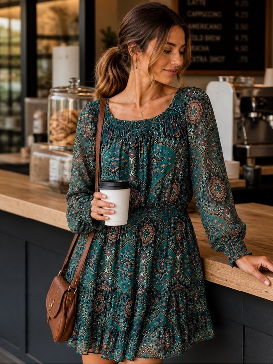 Xhilaration Dresses & Skirts - Xhilaration Long Sleeve Paisley Dress Smocked Neckline Ruffled Hem Size XL NEW
